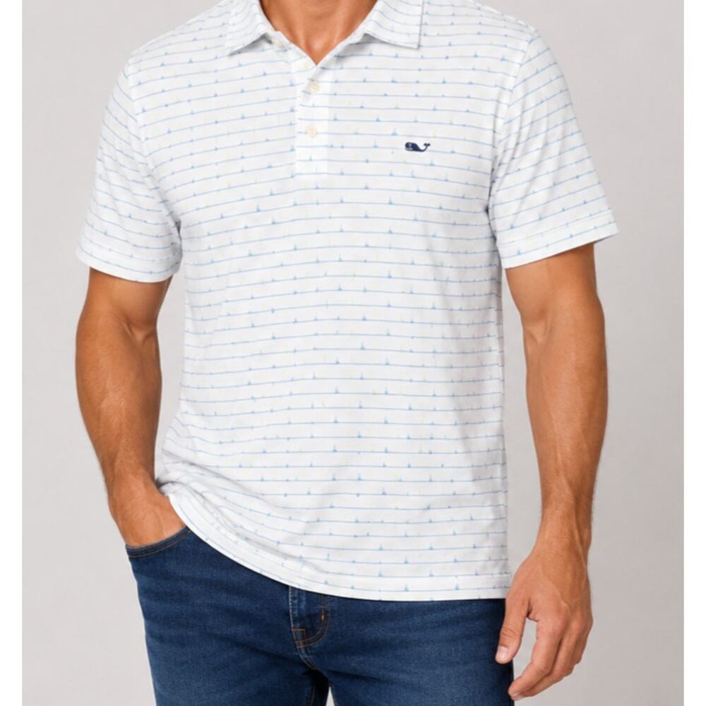 Vineyard Vines Polo Shirt Mens Large White Blue/lime green sail boat Performance